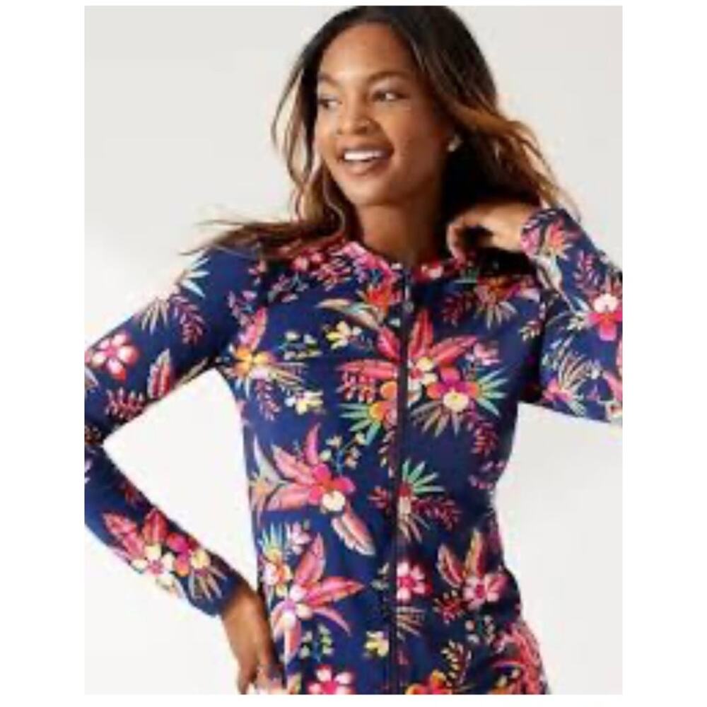 Tommy Bahama Floral Rash Guard Womens Medium Full Zip Swim Top UPF
